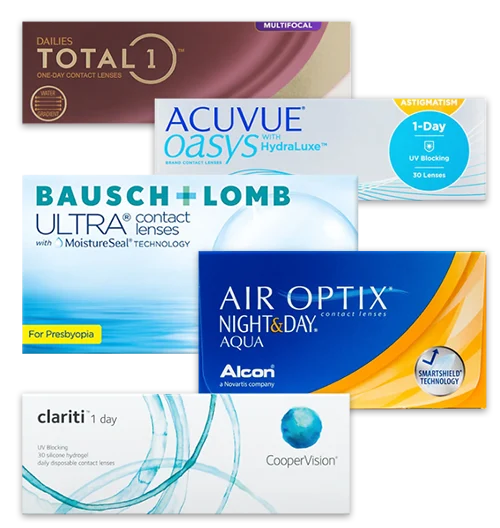 Contact lens brands including Acuve, Biofinity, Cooper, Alcon, Total 1